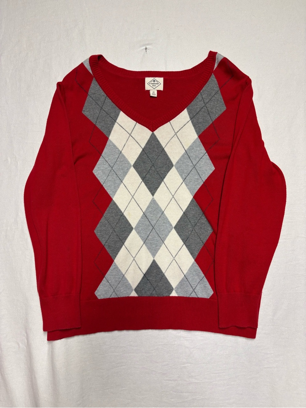 St. John's Bay Red V-Neck Argyle Sweater with Gray & Cream Diamonds